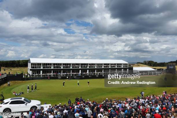 General view of the 18th green as Tom Kim of South Korea lines up a putt during Day Three of the Genesis Scottish Open at The Renaissance Club on...