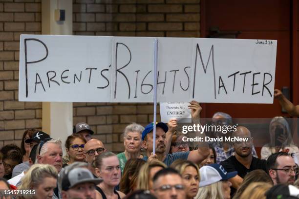 Man holds a sign in support of a policy that the Chino Valley school board is meeting to vote on which would require school staff to "out" students...