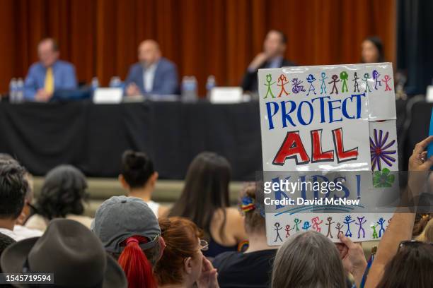 Person holds a sign in opposition to a policy that the Chino Valley school board is meeting to vote on which would require school staff to "out"...