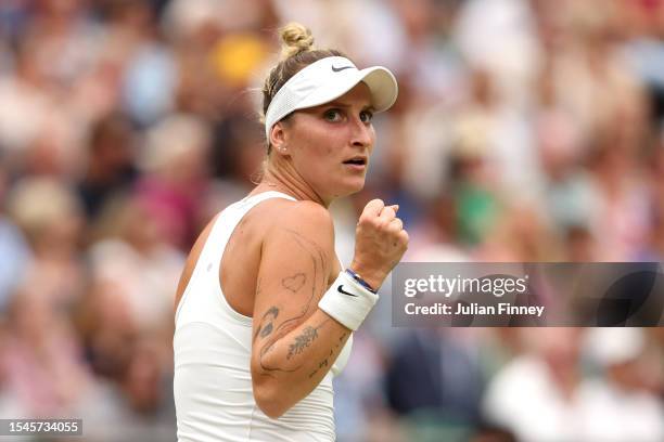 Marketa Vondrousova of Czech Republic celebrates winning the first set during the Women's Singles Final against Ons Jabeur of Tunisia on day thirteen...