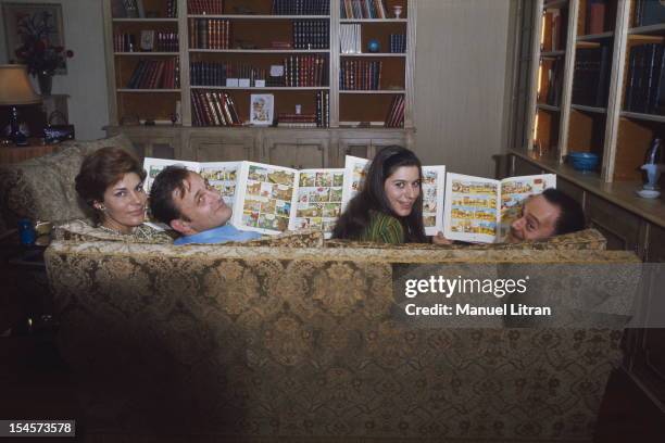 At Neuilly-sur-Seine in Uderzo: sitting on the couch, from left to right, Ada and her husband Albert Uderzo, Gilberte and her husband Rene Goscinny,...