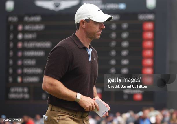 Rory McIlroy of Northern Ireland walks off the 18th green after finishing his round during Day Three of the Genesis Scottish Open at The Renaissance...