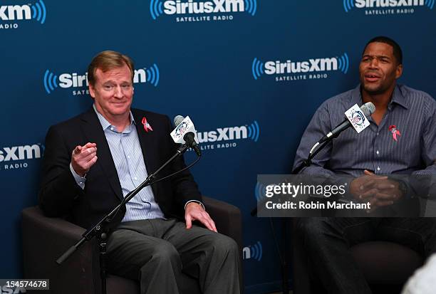 Commissioner Roger Goodell and Michael Strahan attend SiriusXM Town Hall at SIRIUS XM Studio on October 22, 2012 in New York City.