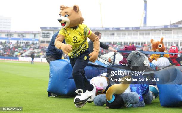 Mascots takes part in the mascot race during the Vitality Blast T20 Semi-Final 1 mtach between Essex Eagles and Hampshire Hawks at Edgbaston on July...
