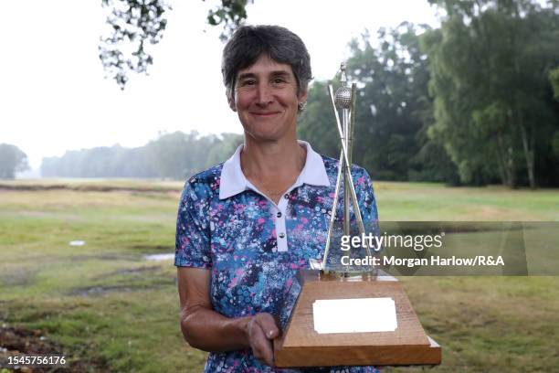 Jackie Foster of Bishops Stortford poses with The Championship Trophy after winning the Senior Amateur Championship following the final round of the...