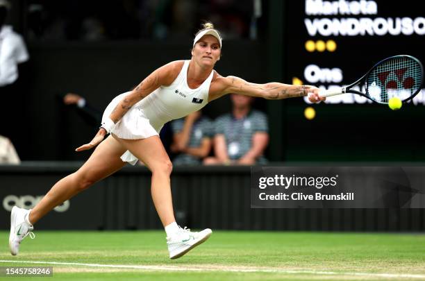 Marketa Vondrousova of Czech Republic plays a forehand during the Women's Singles Final against Ons Jabeur of Tunisia on day thirteen of The...