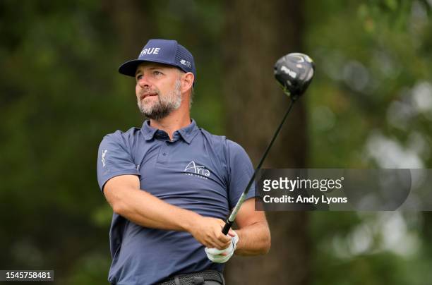 Ryan Moore of the United States plays his shot from the third tee during the third round of the Barbasol Championship at Keene Trace Golf Club on...