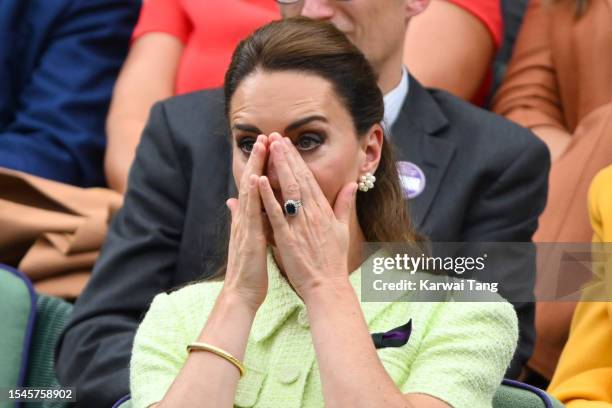 Catherine, Duchess of Cambridge attends day thirteen of the Wimbledon Tennis Championships at All England Lawn Tennis and Croquet Club on July 15,...