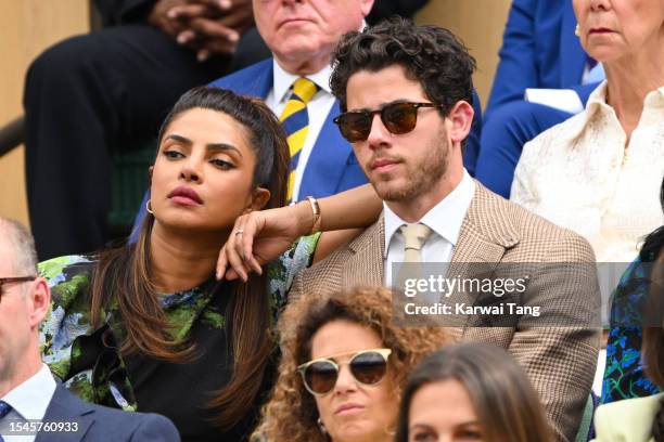Priyanka Chopra and Nick Jonas attend day thirteen of the Wimbledon Tennis Championships at All England Lawn Tennis and Croquet Club on July 15, 2023...