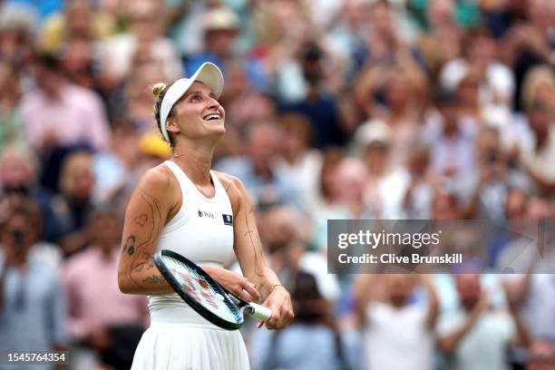 Marketa Vondrousova of Czech Republic celebrates victory following the Women's Singles Final against Ons Jabeur of Tunisia on day thirteen of The...