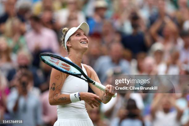 Marketa Vondrousova of Czech Republic celebrates victory following the Women's Singles Final against Ons Jabeur of Tunisia on day thirteen of The...