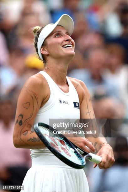 Marketa Vondrousova of Czech Republic celebrates victory following the Women's Singles Final against Ons Jabeur of Tunisia on day thirteen of...