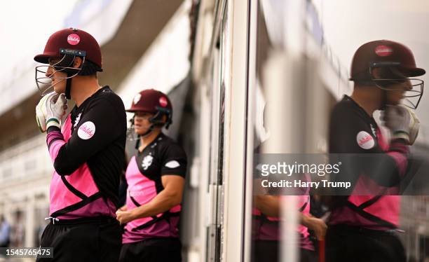 Tom Banton and Will Smeed of Somerset make their way out to bat during the Vitality Blast T20 Semi-Final 2 match between Somerset and Surrey CCC at...