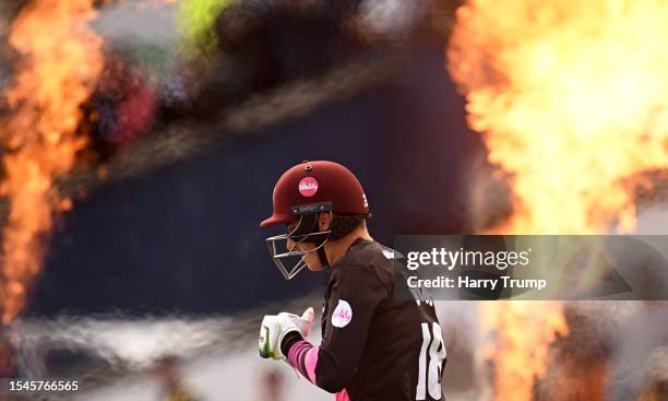 Tom Banton of Somerset makes their way out to bat during the Vitality Blast T20 Semi-Final 2 match between Somerset and Surrey CCC at Edgbaston on...