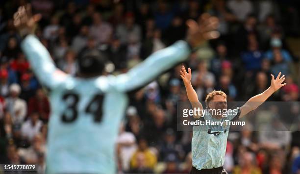 Tom Curran of Surrey unsuccessfully appeals for the LBW of Tom Banton of Somerset during the Vitality Blast T20 Semi-Final 2 match between Somerset...