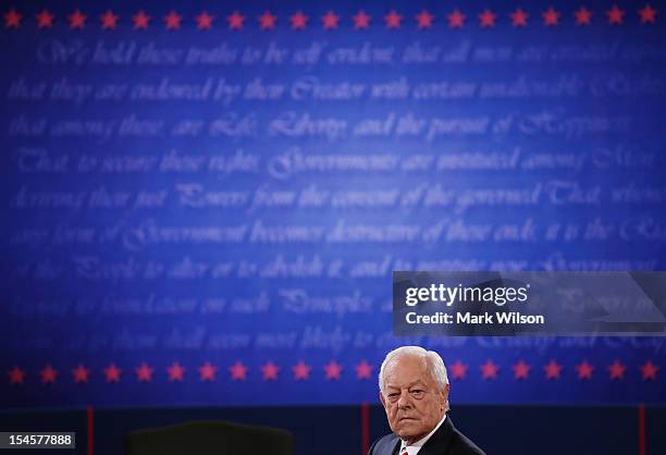 Moderator Bob Schieffer of CBS appears on stage prior to the debate between U.S. President Barack Obama and Republican presidential candidate Mitt...