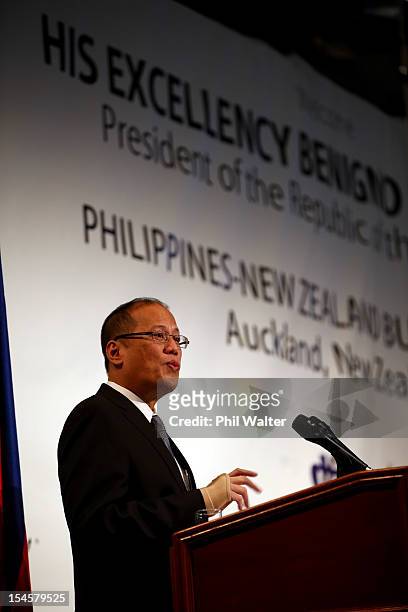 Philippine President Benigno Aquino III addresses the Philippines-NZ Business Forum at the Sky City Convention Centre on October 23, 2012 in...