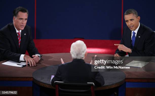 President Barack Obama debates with Republican presidential candidate Mitt Romney as moderator Bob Schieffer of CBS looks on at the Keith C. And...