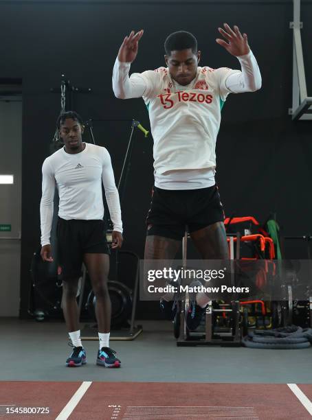 Marcus Rashford of Manchester United arrives ahead of a pre-season training session at Carrington Training Complex on July 15, 2023 in Manchester,...
