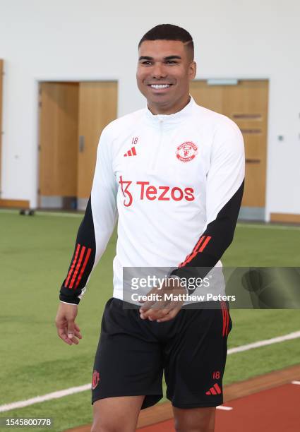 Casemiro of Manchester United arrives ahead of a pre-season training session at Carrington Training Complex on July 15, 2023 in Manchester, England.