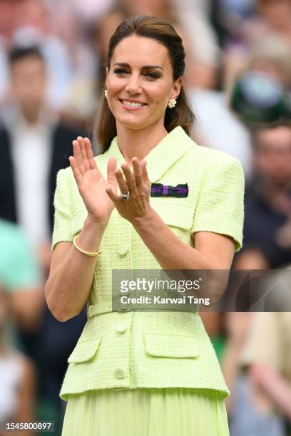 Catherine, Duchess of Cambridge attends day thirteen of the Wimbledon Tennis Championships at All England Lawn Tennis and Croquet Club on July 15,...