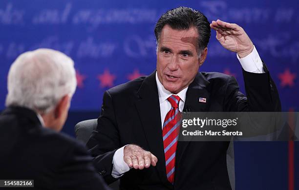 Republican presidential candidate Mitt Romney speaks during a debate with U.S. President Barack Obama as moderator Bob Schieffer of CBS looks on at...