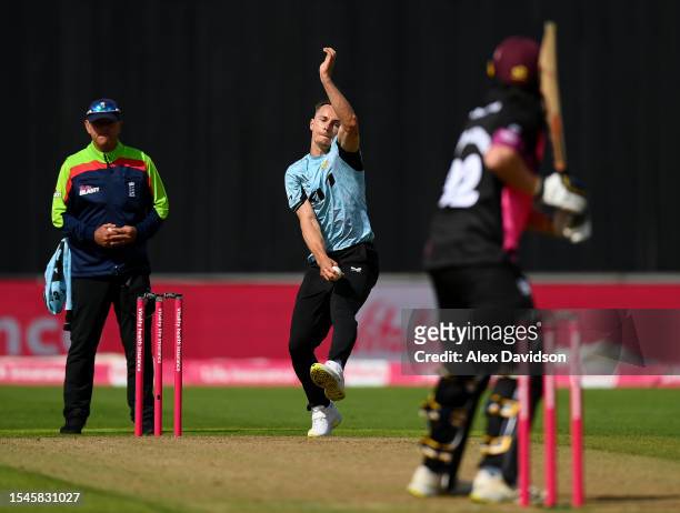 Tom Curran of Surrey bowls during the Vitality Blast T20 Semi-Final between Somerset and Surrey at Edgbaston on July 15, 2023 in Birmingham, England.