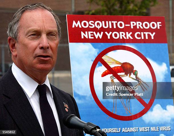 New York Mayor Michael Bloomberg unveils a mosquito surveillance and control plan May 29, 2002 in the Brooklyn borough of New York City. Since the...