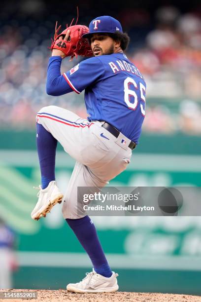 Grant Anderson of the Texas Rangers pitches during a baseball game against the Washington Nationals at Nationals Park on July 8, 2023 in Washington,...