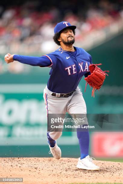Grant Anderson of the Texas Rangers pitches during a baseball game against the Washington Nationals at Nationals Park on July 8, 2023 in Washington,...