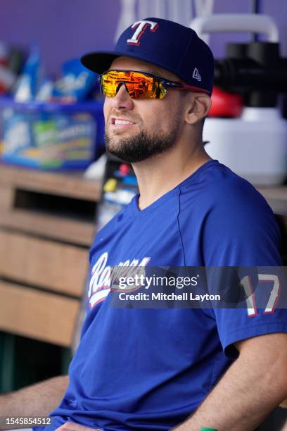 Nathan Eovaldi of the Texas Rangers looks on before a baseball game against the Washington Nationals at Nationals Park on July 8, 2023 in Washington,...