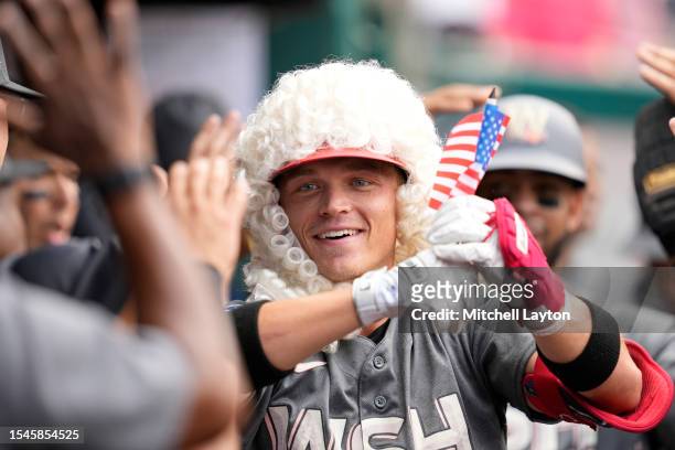 Alex Call of the Washington Nationals celebrates a home run during a baseball game against the Texas Rangers at Nationals Park on July 8, 2023 in...