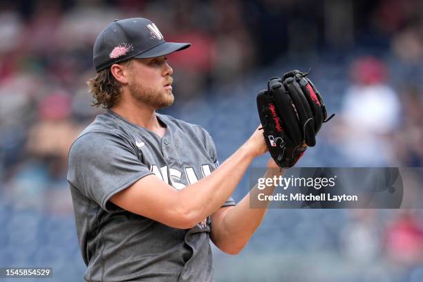 Jake Irvin of the Washington Nationals pitches during a baseball game against the Texas Rangers at Nationals Park on July 8, 2023 in Washington, DC.