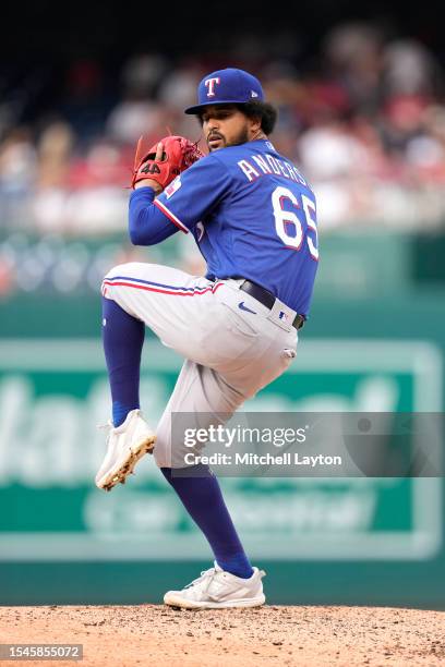 Grant Anderson of the Texas Rangers pitches during a baseball game against the Washington Nationals at Nationals Park on July 8, 2023 in Washington,...
