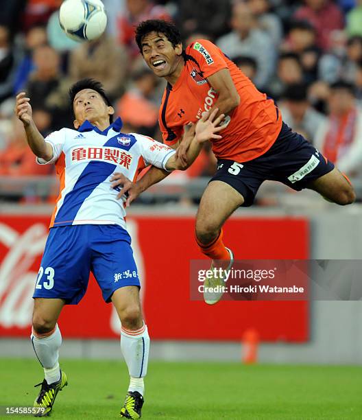 Atomu Tanaka of Albirex Niigata and Carlinhos Paraiba of Omiya Ardija compete for the ball during the J.League match between Omiya Ardija and Albirex...