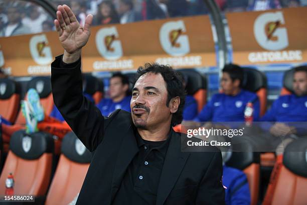 Hugo Sanchez head coach of Pachuca gestures during a match between Pachuca and Monterrey as part of the MX Cup 2012 at Hidalgo Stadium on October 20,...