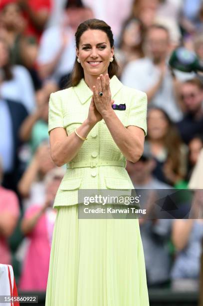 Catherine, Princess of Wales attends day thirteen of the Wimbledon Tennis Championships at All England Lawn Tennis and Croquet Club on July 15, 2023...