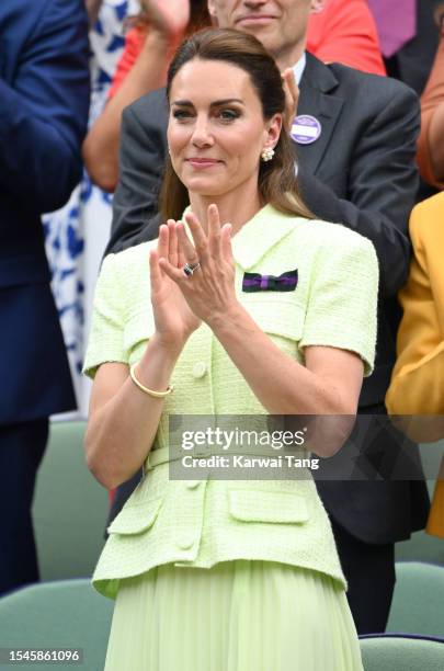 Catherine, Princess of Wales attends day thirteen of the Wimbledon Tennis Championships at All England Lawn Tennis and Croquet Club on July 15, 2023...