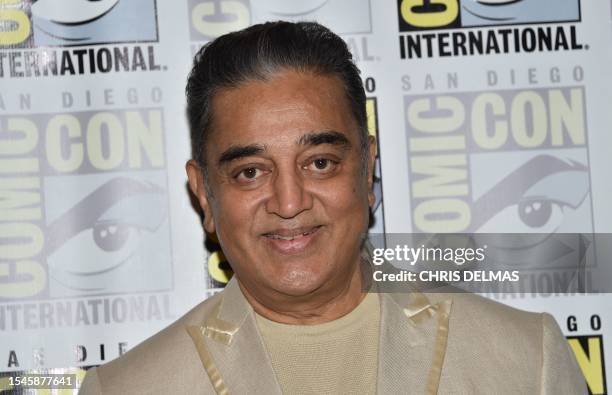 Indian actor Kamal Haasan poses during the Project-K press junket unveiling the movie "Kalki 2898-AD" at San Diego Comic-Con International in San...