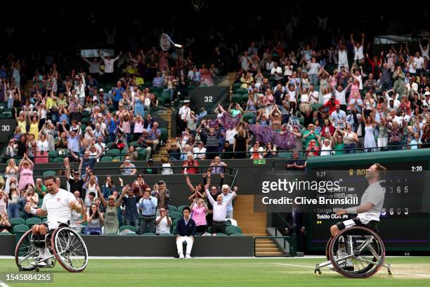 Gordon Reid and Alfie Hewitt of Great Britain celebrate winning match point in the Men's Doubles Final against Takuya Mik and Tokito Oda of Japan on...