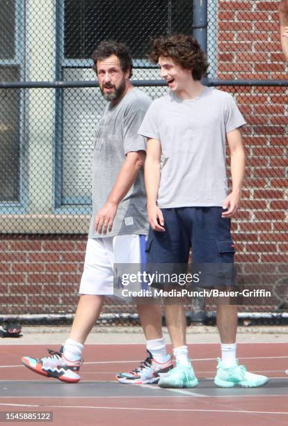 Adam Sandler and Timothee Chalamet are seen on July 20, 2023 in New York City.