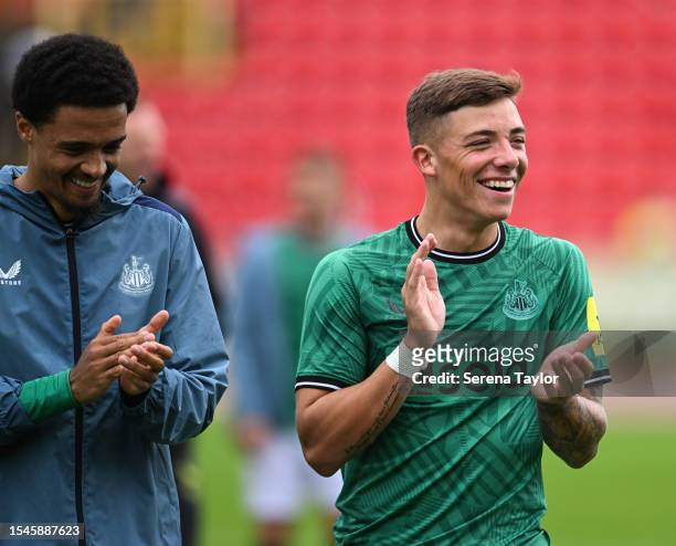 Jamal Lewis and Harrison Ashby clap hands during the Pre Season Friendly between Gateshead FC and Newcastle United at Gateshead International Stadium...
