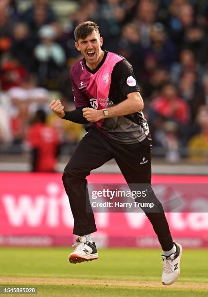 Craig Overton of Somerset celebrates the wicket of Will Jacks of Surrey during the Vitality Blast T20 Semi-Final 2 match between Somerset and Surrey...