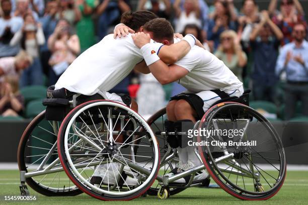 Gordon Reid and Alfie Hewitt of Great Britain celebrate their victory in the Men's Doubles Final against Takuya Miki and Tokito Oda of Japan on day...