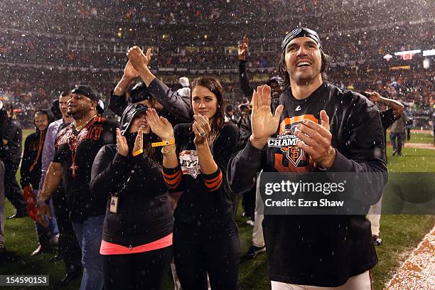 Barry Zito of the San Francisco Giants and wife Amber Zito celebrate after the Giants 9-0 victory against the St. Louis Cardinals in Game Seven of...
