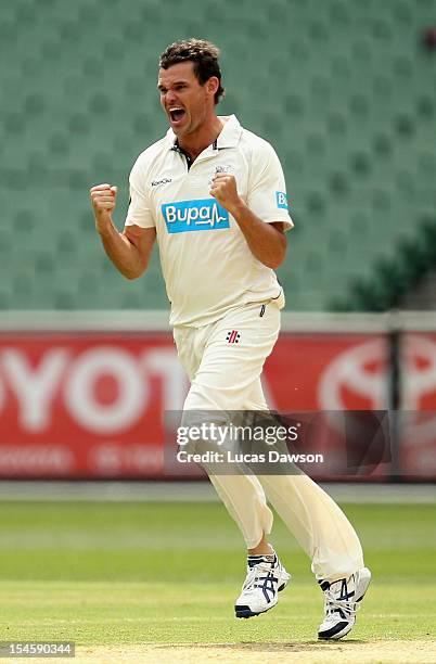 Clint McKay of the Bushrangers celebrates a wicket during day one of the Sheffield Shield match between the Victorian Bushrangers and the Tasmanian...