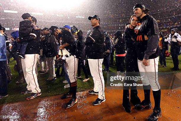 Barry Zito of the San Francisco Giants and wife Amber Zito celebrate after the Giants 9-0 victory against the St. Louis Cardinals in Game Seven of...