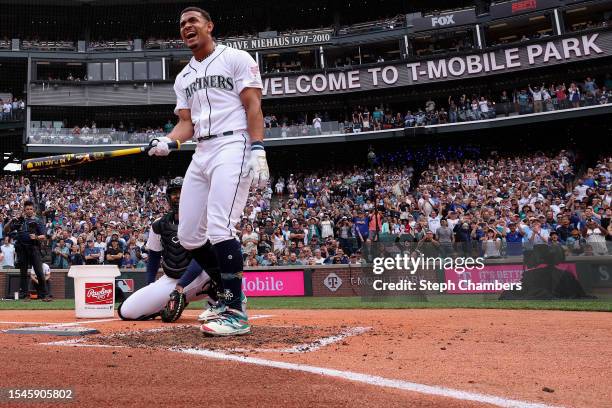 Julio Rodríguez of the Seattle Mariners reacts during the T-Mobile Home Run Derby at T-Mobile Park on July 10, 2023 in Seattle, Washington.