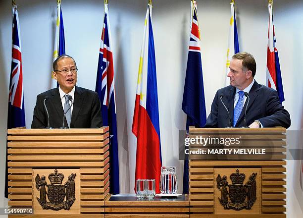 New Zealand Prime Minister John Key watches as Philippine President Benigno Aquino speaks to the media during a joint press conference after their...