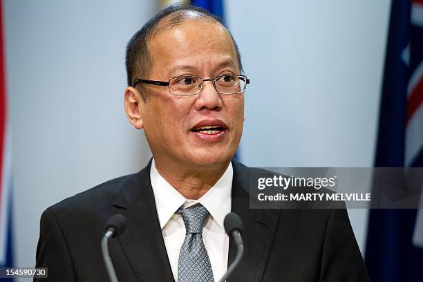 Philippine President Benigno Aquino speaks to the media during a joint press conference with New Zealand Prime Minister John Key after their meeting...